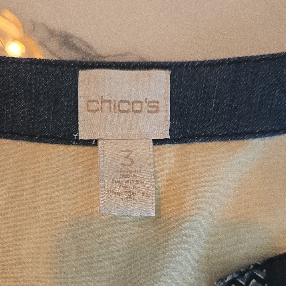 Chico's Blue Cream Jean Jacket w Geometric Sequin Design Boho Western Statement - Picture 5 of 6